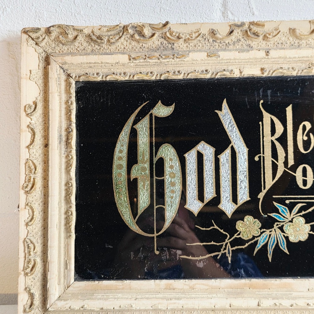 Antique Victorian Reverse Glass Tinsel Painting God Bless Our Home Gesso Frame - Picture 2 of 10